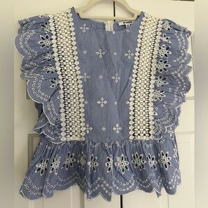 BB Dakota blue & white eyelet ruffle top XS